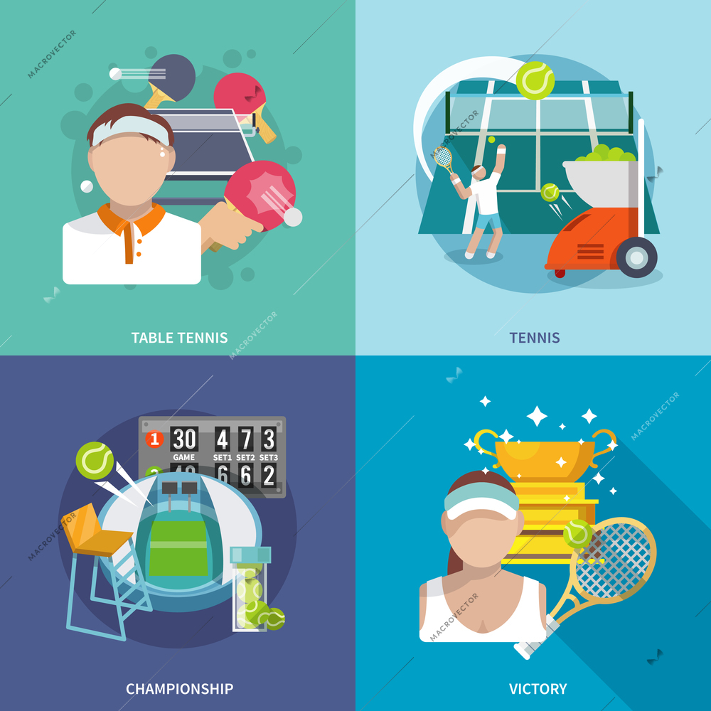 Tennis sport game flat icons set with table championship victory isolated vector illustration