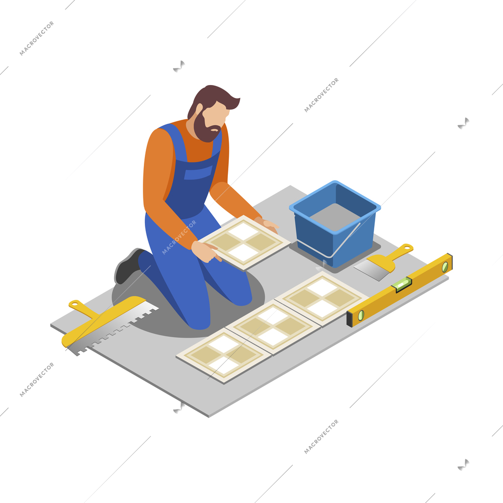 Home repair isometric composition with human character of working serviceman with tools vector illustration