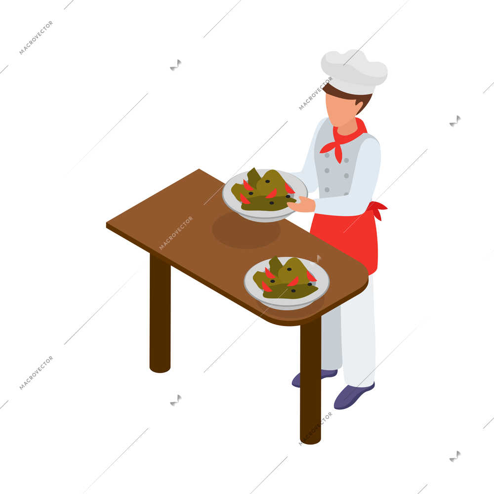 Cooking isometric composition with human character of cook with kitchen appliances vector illustration