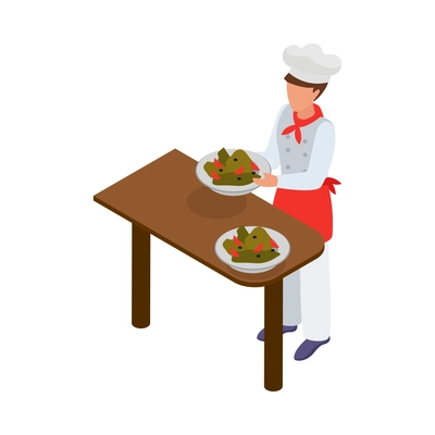 Cooking isometric composition with human character of cook with kitchen appliances vector illustration