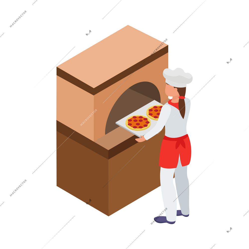 Cooking isometric composition with human character of cook with kitchen appliances vector illustration