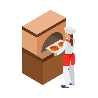 Cooking isometric composition with human character of cook with kitchen appliances vector illustration