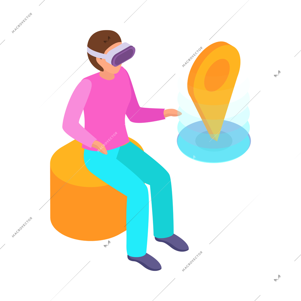 Virtual augmented reality composition with human character engaged in vr activity surrounded by holographic isometric icons vector illustration