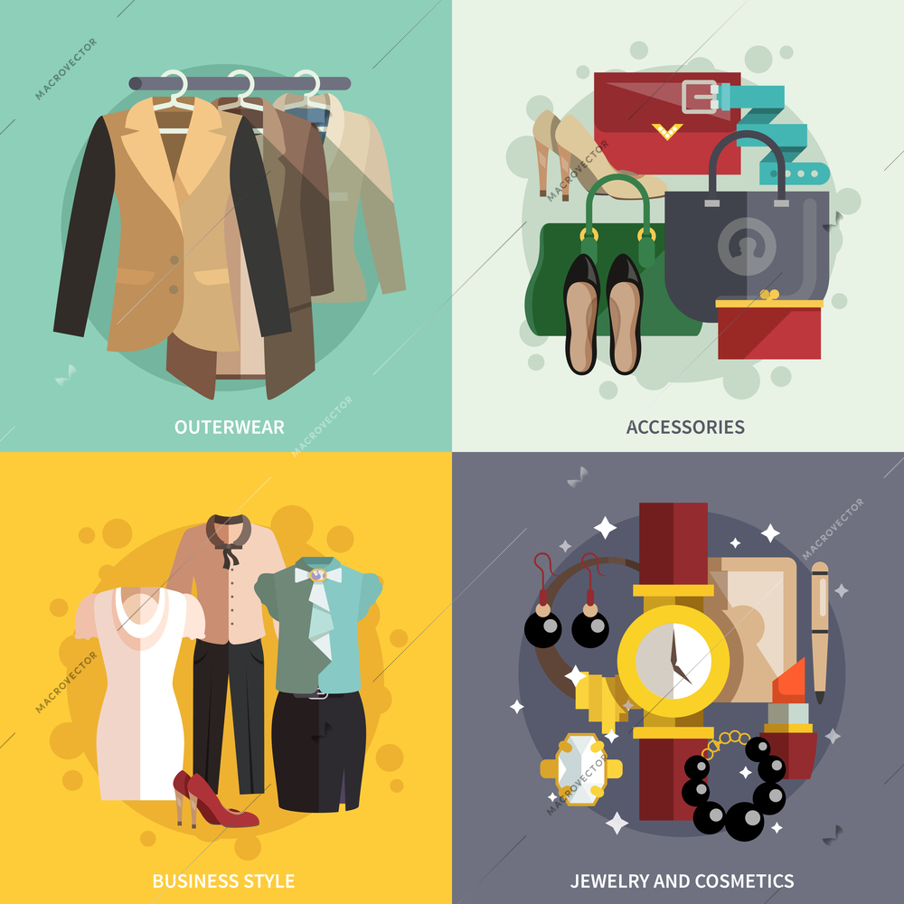 Businesswoman clothes icons flat set with outwear accessories business style jewelry and cosmetics isolated vector illustration