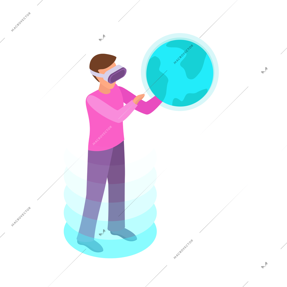 Virtual augmented reality composition with human character engaged in vr activity surrounded by holographic isometric icons vector illustration