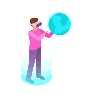 Virtual augmented reality composition with human character engaged in vr activity surrounded by holographic isometric icons vector illustration