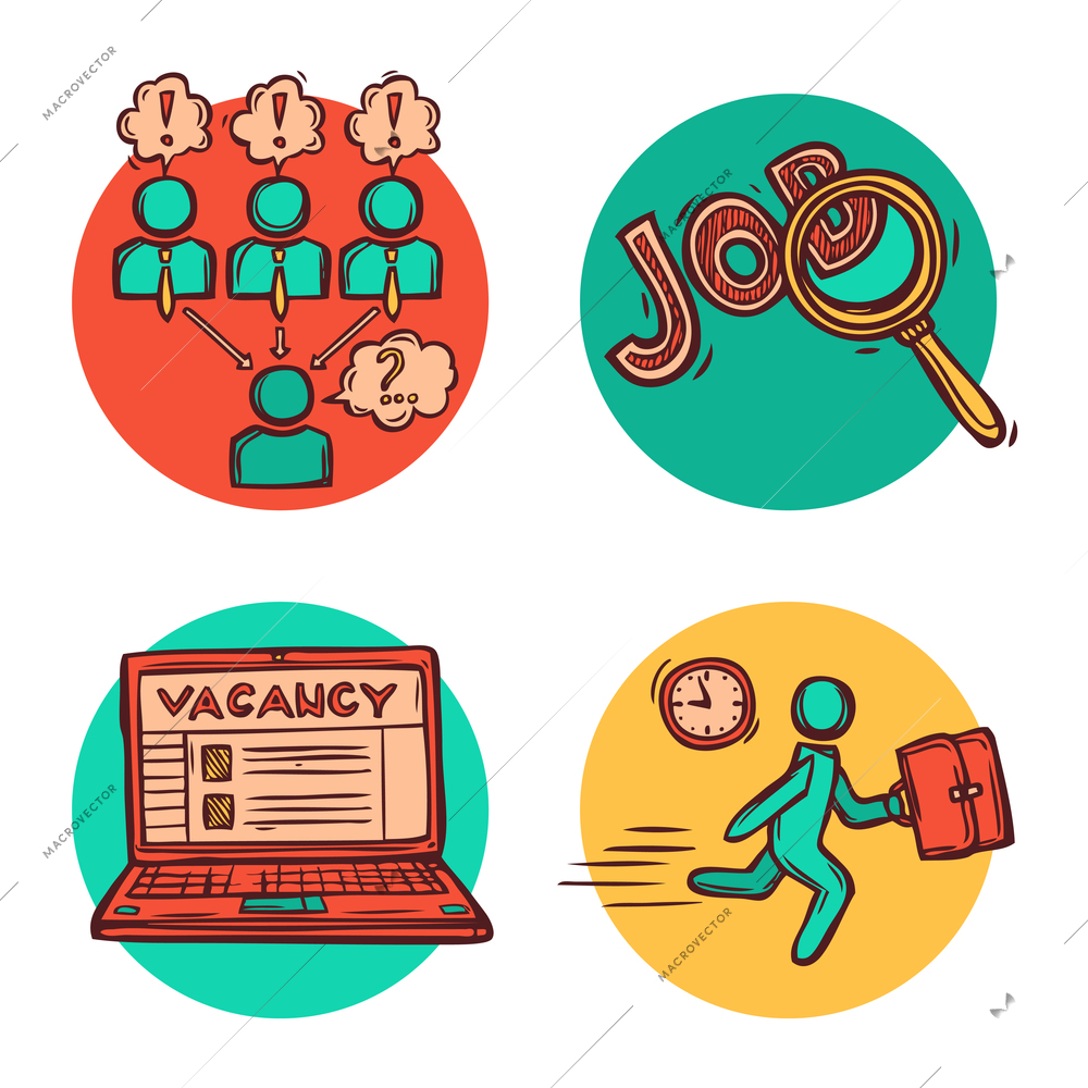 Job vacancy search personnel recruitment strategy concept flat icons with candidate interview  composition abstract isolated vector illustration