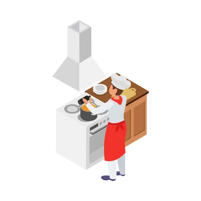 Cooking isometric composition with human character of cook with kitchen appliances vector illustration