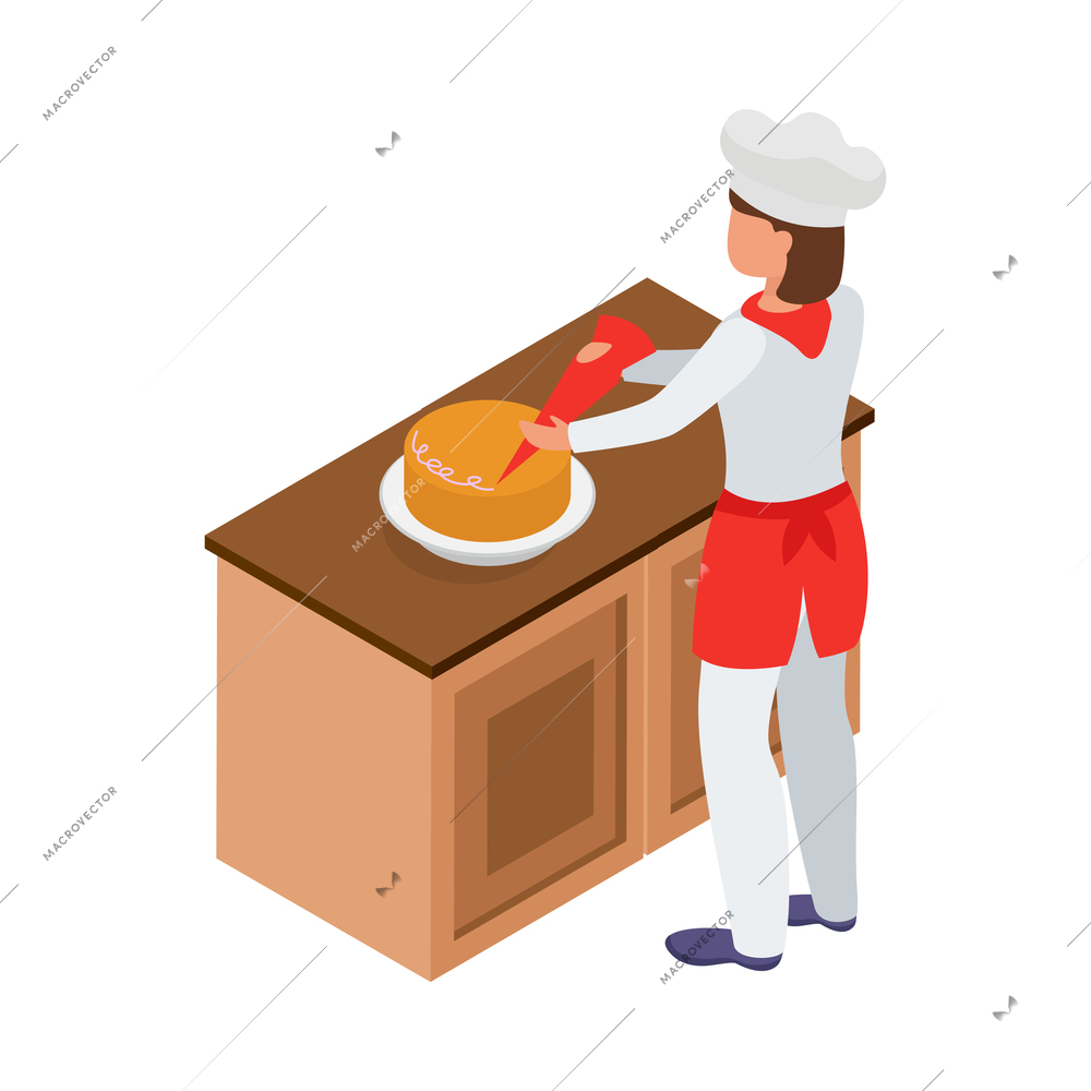 Cooking isometric composition with human character of cook with kitchen appliances vector illustration