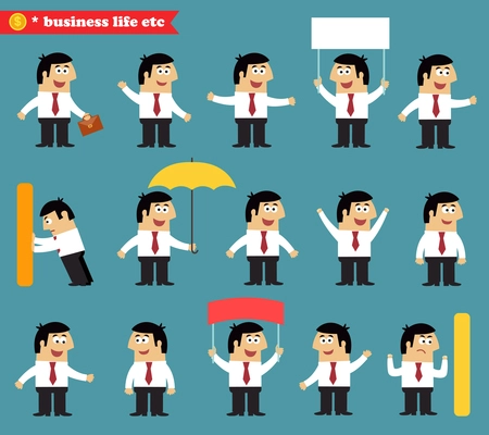 Business life. Adult at work emotional poses and situations set vector illustration