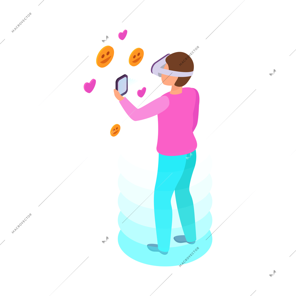 Virtual augmented reality composition with human character engaged in vr activity surrounded by holographic isometric icons vector illustration