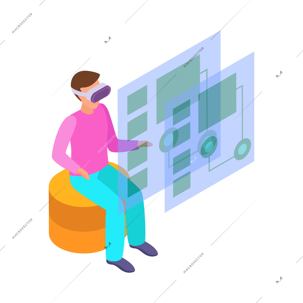 Virtual augmented reality composition with human character engaged in vr activity surrounded by holographic isometric icons vector illustration