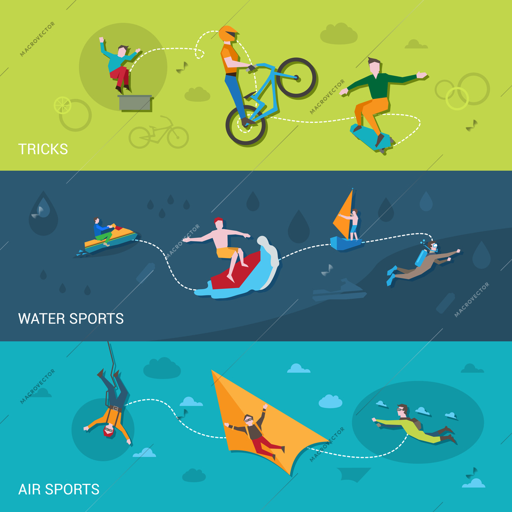 Extreme sports flat banners set with tricks water and air elements isolated vector illustration