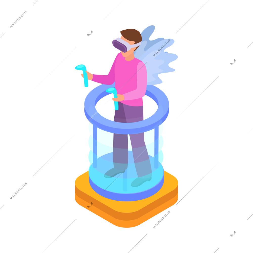 Virtual augmented reality composition with human character engaged in vr activity surrounded by holographic isometric icons vector illustration