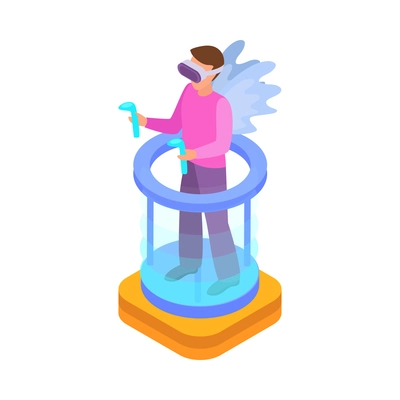 Virtual augmented reality composition with human character engaged in vr activity surrounded by holographic isometric icons vector illustration