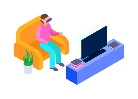 Virtual augmented reality composition with human character engaged in vr activity surrounded by holographic isometric icons vector illustration