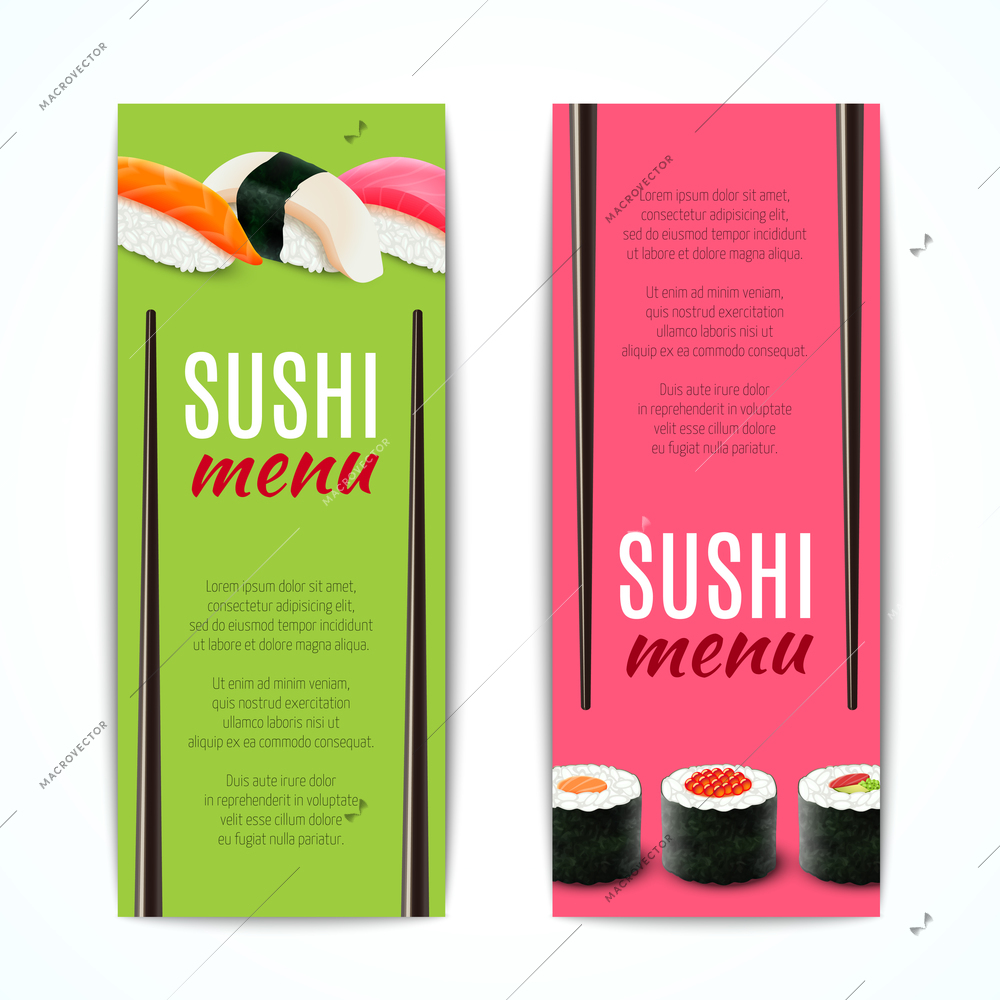 Sushi menu banners vertical with japanese rice and fish cuisine rolls isolated vector illustration