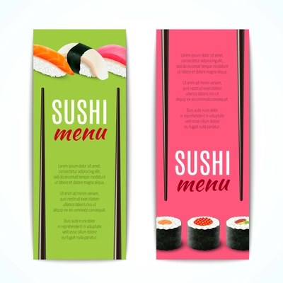 Sushi menu banners vertical with japanese rice and fish cuisine rolls isolated vector illustration