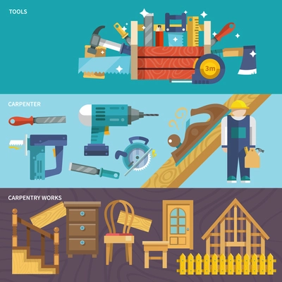 Carpentry works flat banners set with tools carpenter isolated vector illustration