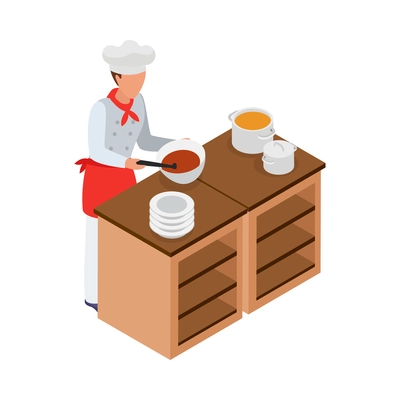 Cooking isometric composition with human character of cook with kitchen appliances vector illustration