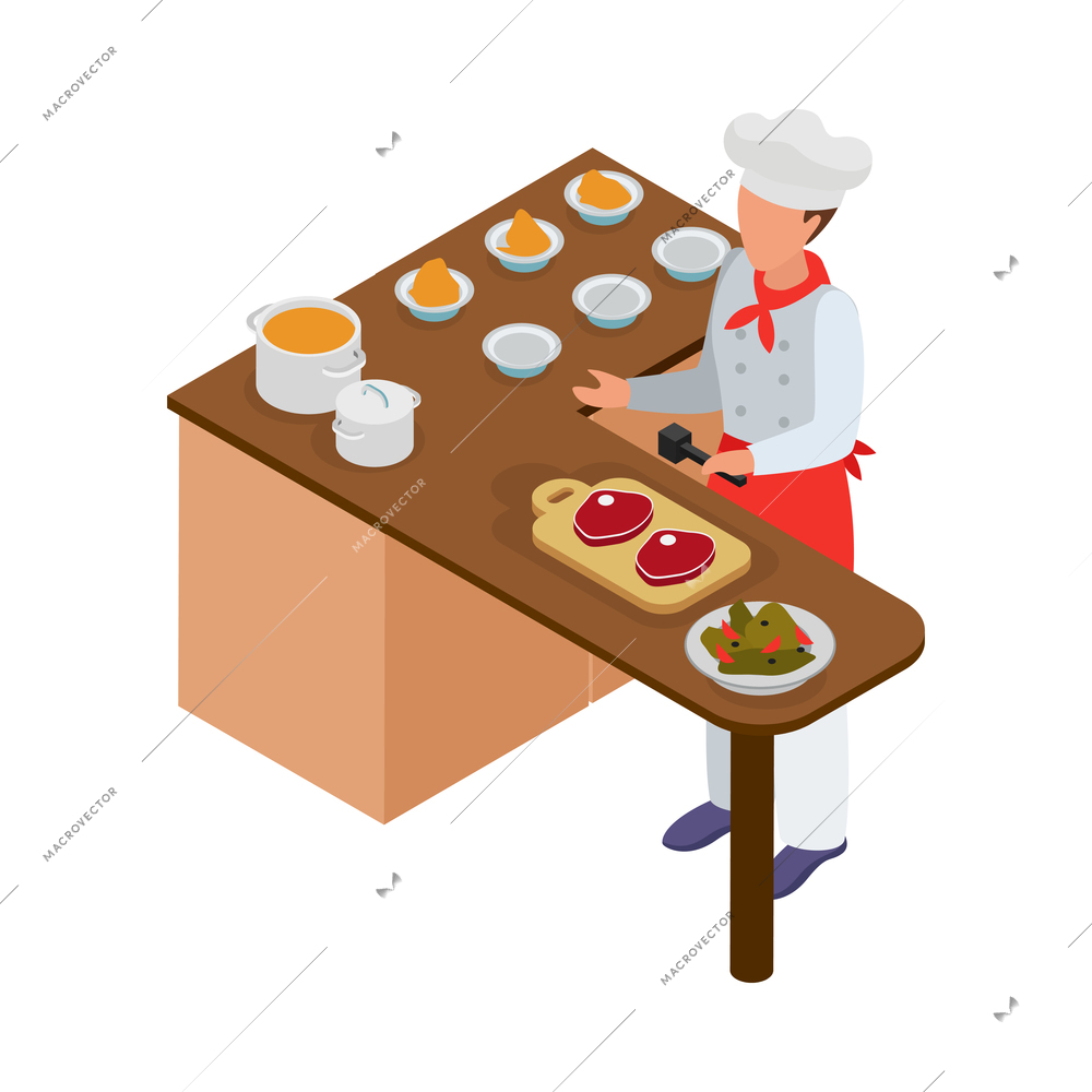 Cooking isometric composition with human character of cook with kitchen appliances vector illustration