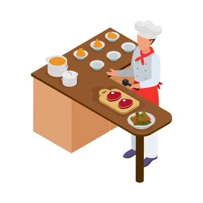 Cooking isometric composition with human character of cook with kitchen appliances vector illustration