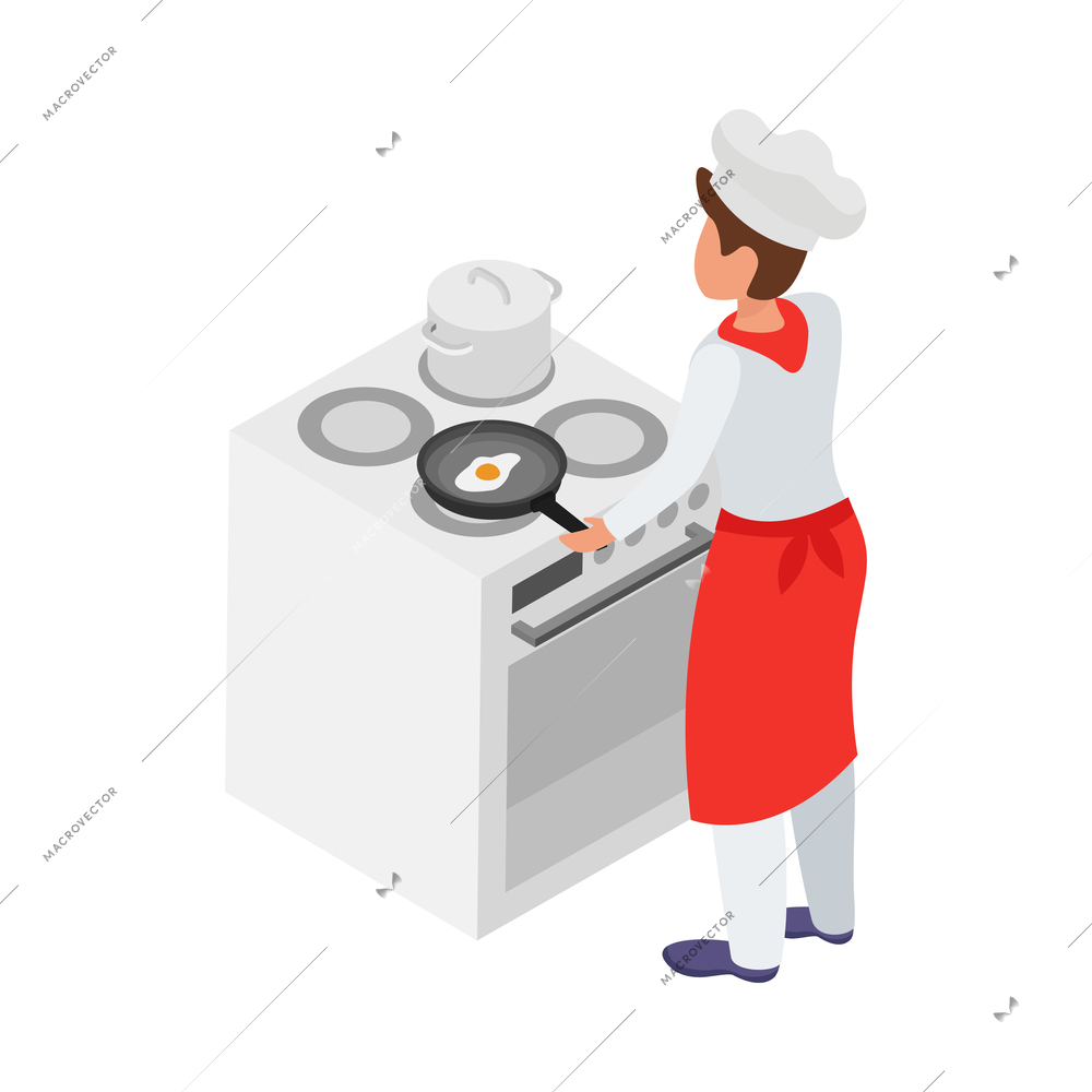 Cooking isometric composition with human character of cook with kitchen appliances vector illustration