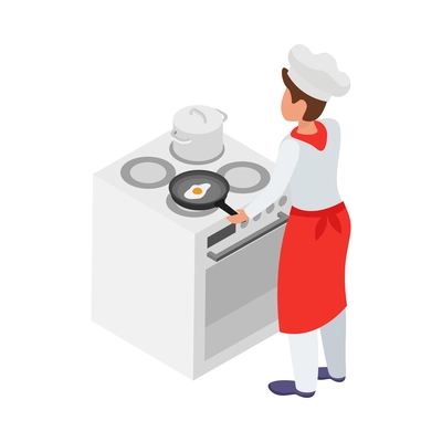 Cooking isometric composition with human character of cook with kitchen appliances vector illustration