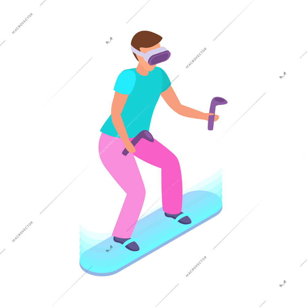 Virtual augmented reality composition with human character engaged in vr activity surrounded by holographic isometric icons vector illustration