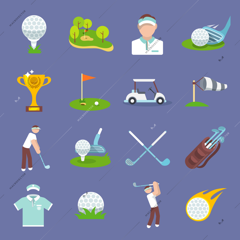 Golf sport icon flat set with golfer flag ball lawn isolated vector illustration