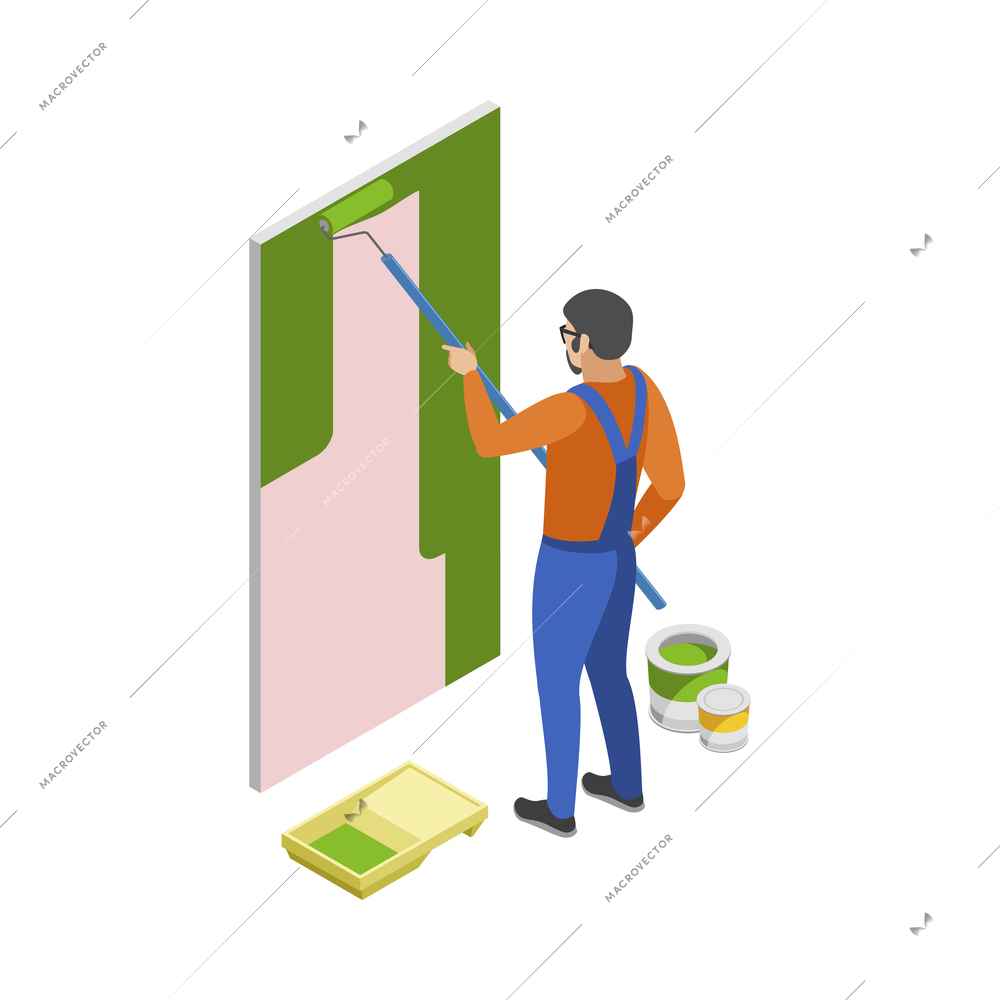 Home repair isometric composition with human character of working serviceman with tools vector illustration