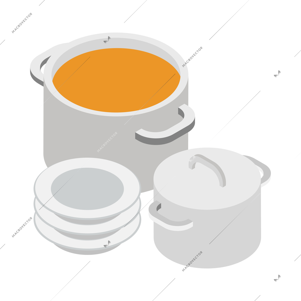 Cooking isometric composition with kitchen appliances pots and stack of plates vector illustration