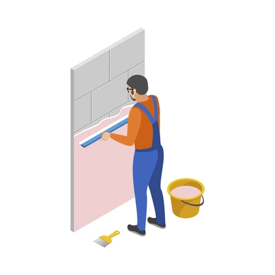 Home repair isometric composition with human character of working serviceman with tools vector illustration