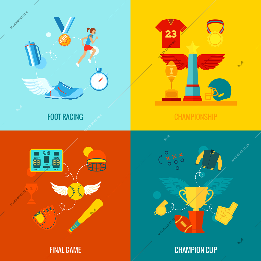 Championship flat icons set with foot racing final game champion cup and wing elements isolated vector illustration