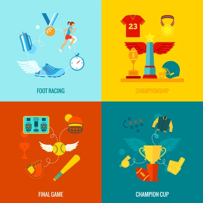 Championship flat icons set with foot racing final game champion cup and wing elements isolated vector illustration