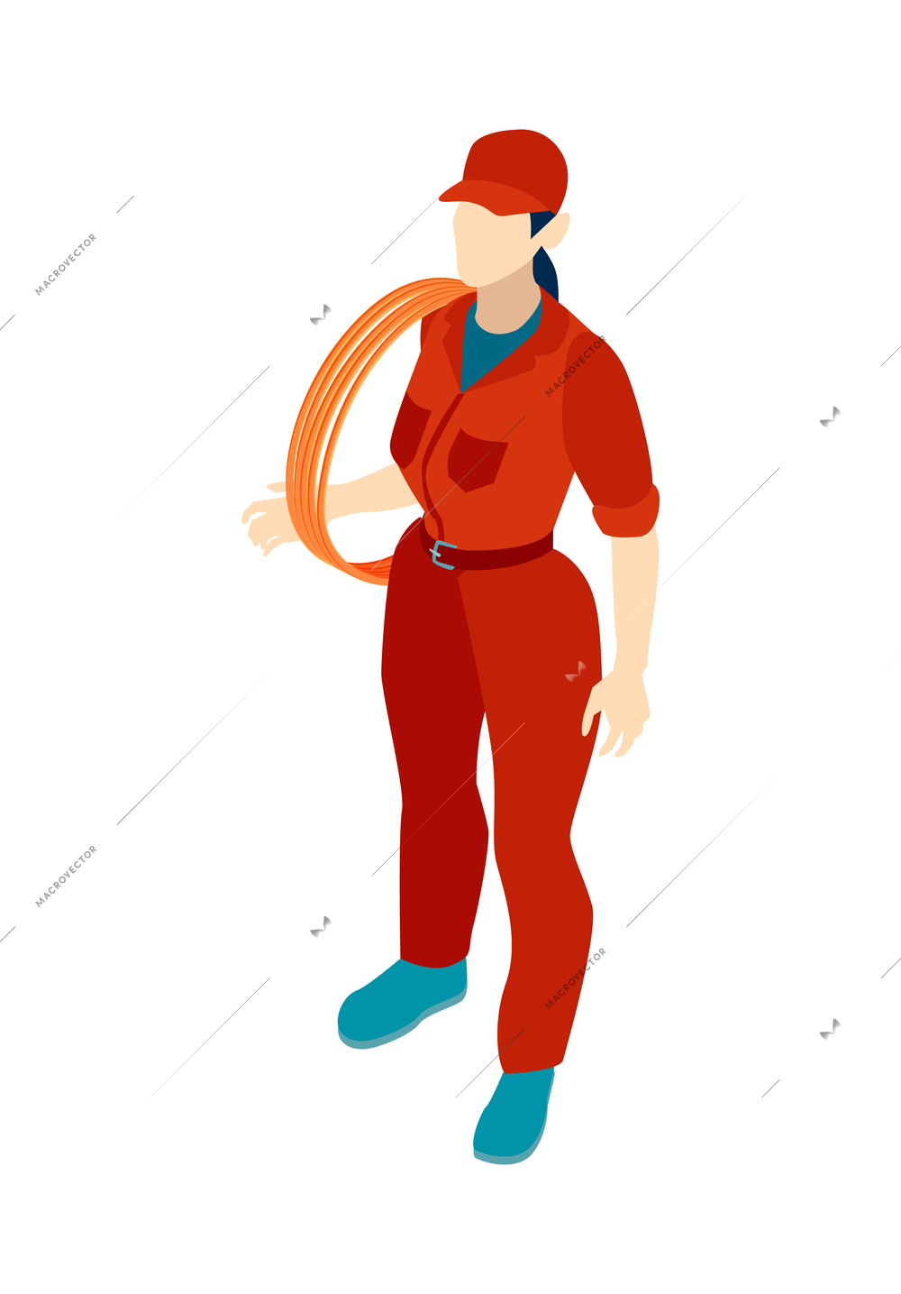 Isometric electric composition with isolated view of electrical brigade member working isolated on blank background vector illustration