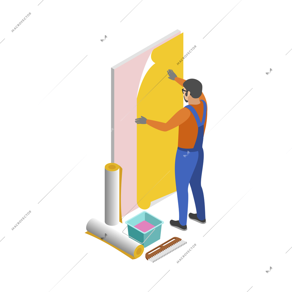 Home repair isometric composition with human character of working serviceman with tools vector illustration