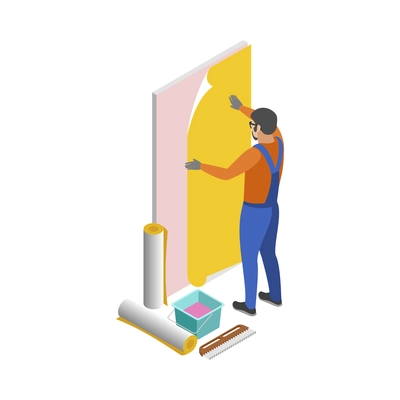 Home repair isometric composition with human character of working serviceman with tools vector illustration