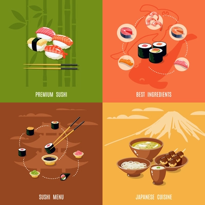 Asian food design concept with premium sushi best ingredients menu japanese cuisine isolated vector illustration