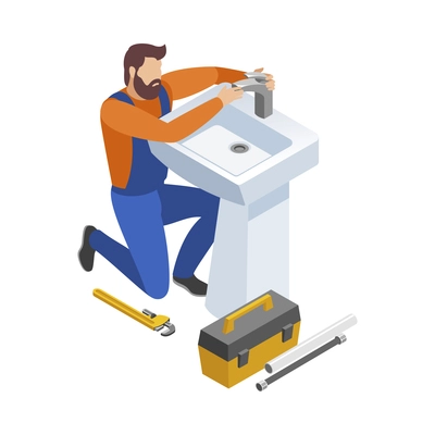 Home repair isometric composition with human character of working serviceman with tools vector illustration