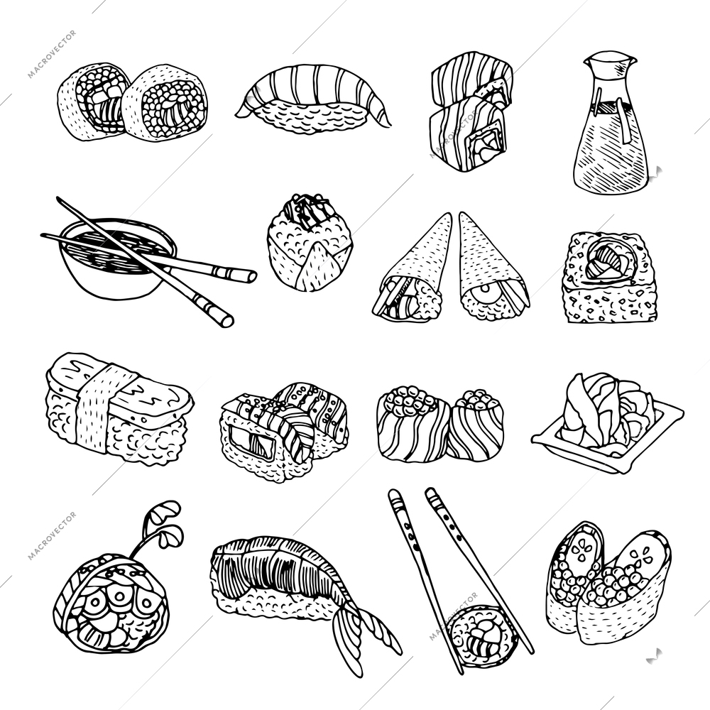 Asia seafood cuisine menu fish and shellfish dishes elements symbols graphic icons set abstract isolated vector illustration