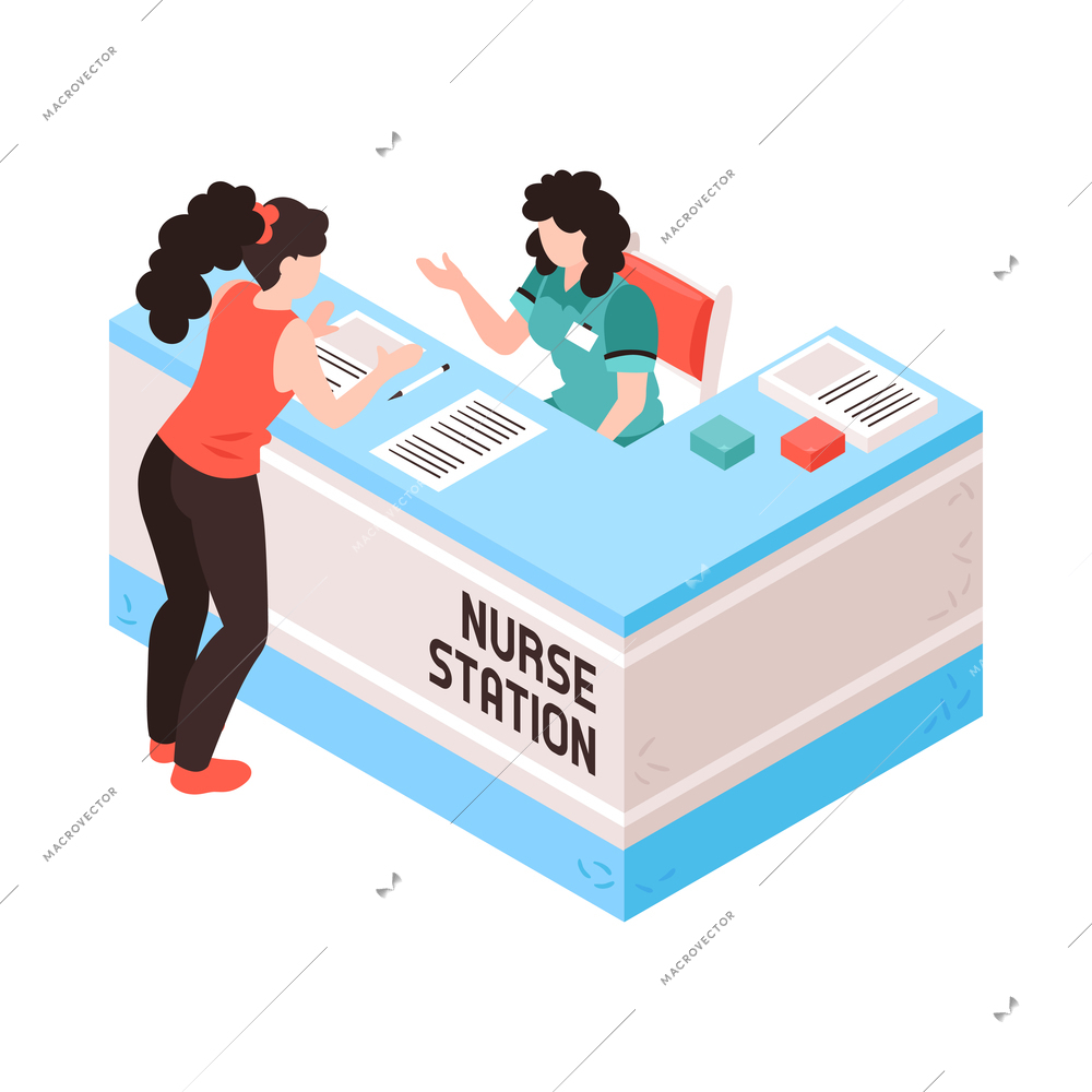 Isometric doctor nurse hospital workers composition with isolated clinic icons on blank background vector illustration