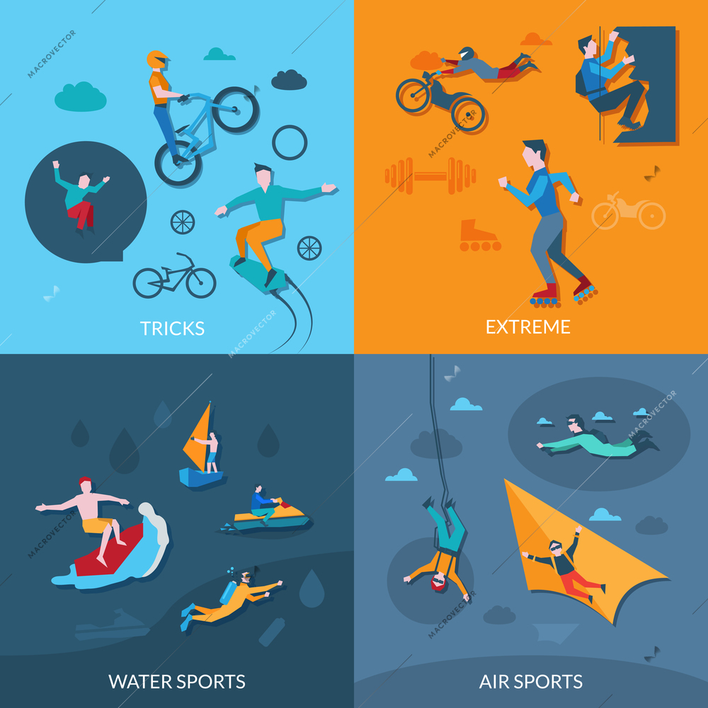 Extreme sports design concept set with tricks water and air flat icons isolated vector illustration