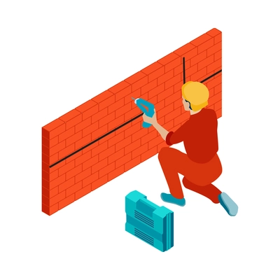 Isometric electric composition with isolated view of electrical brigade member working isolated on blank background vector illustration