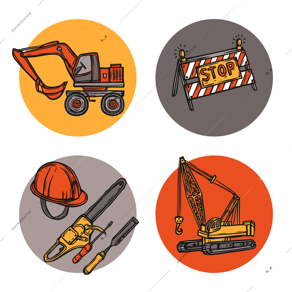 Architecture concept round solid icons composition of crawler crane construction tools stop sign abstract isolated vector illustration