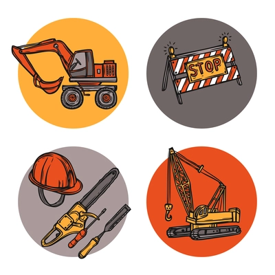 Architecture concept round solid icons composition of crawler crane construction tools stop sign abstract isolated vector illustration