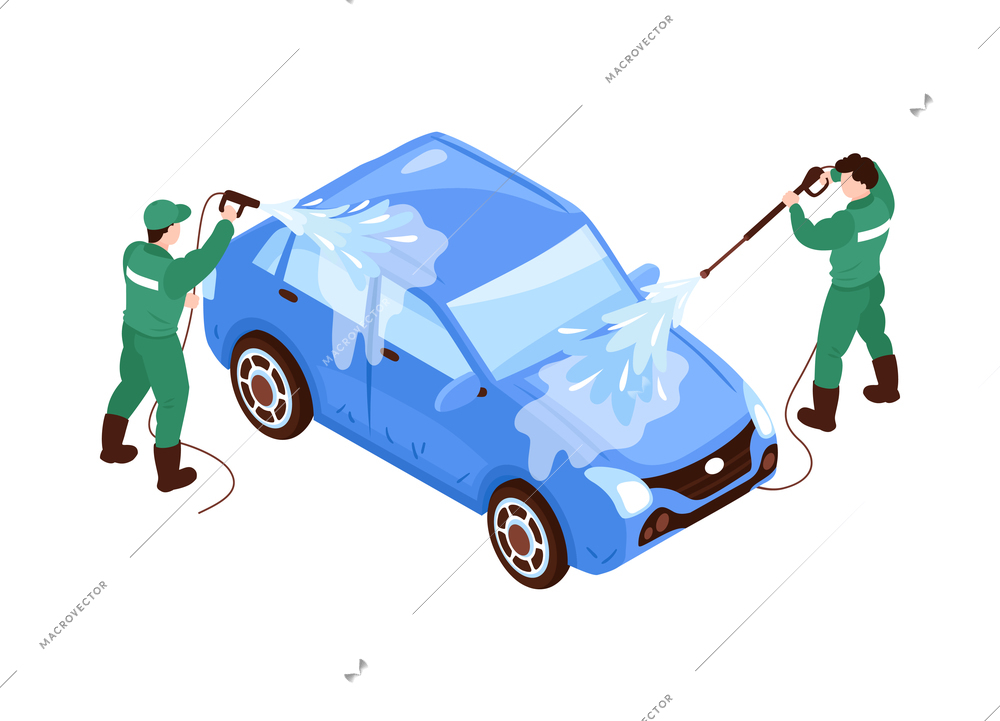 Isometric car washing services composition with isolated image of car wash on blank background vector illustration