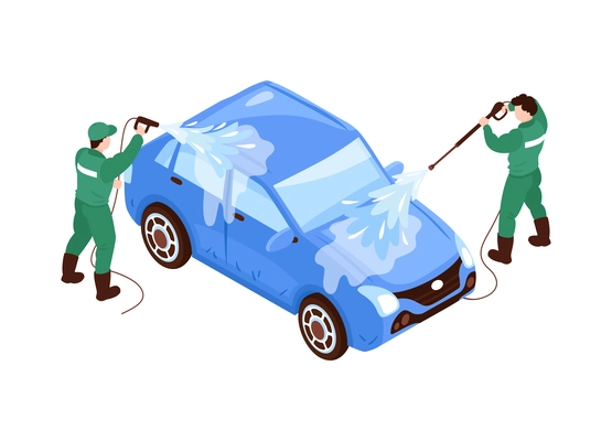 Isometric car washing services composition with isolated image of car wash on blank background vector illustration