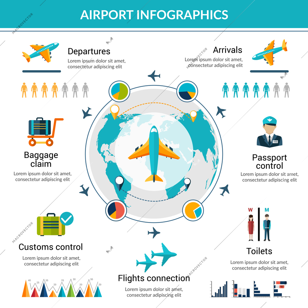 Airport infographic set with security control air vehicle symbols and charts vector illustration