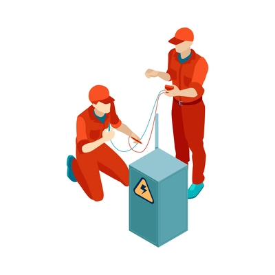 Isometric electric composition with isolated view of electrical brigade working isolated on blank background vector illustration